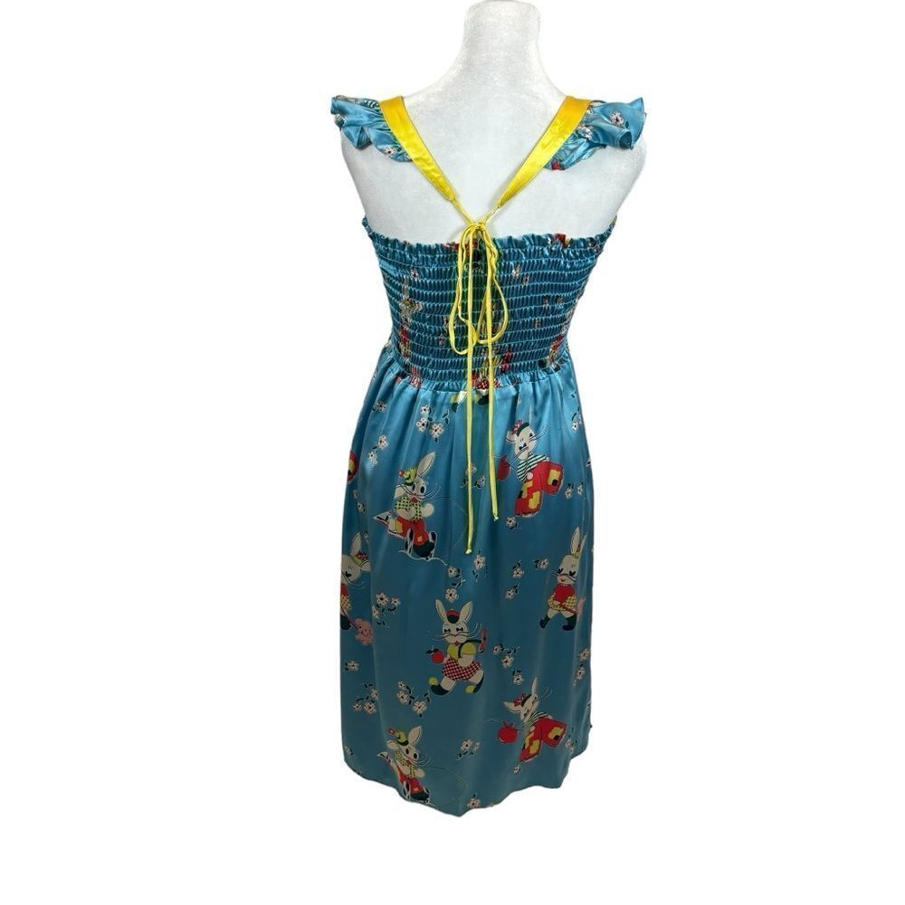 Rare Voom Brand 100% Silk Cartoon Rabbit Print Square Neck Dress Size Medium - Picture 6 of 16